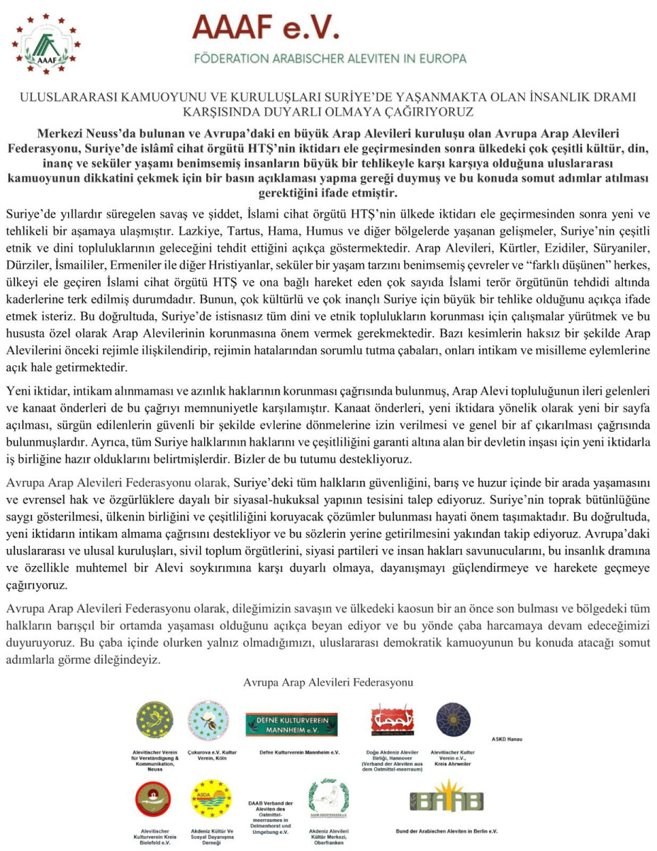 Avrupa Arap Alevileri Federasyonu’ndan Uluslararası Toplumlara 3 Dilde Çağrı: Suriye’deki İnsani Drama Sessiz Kalmayın