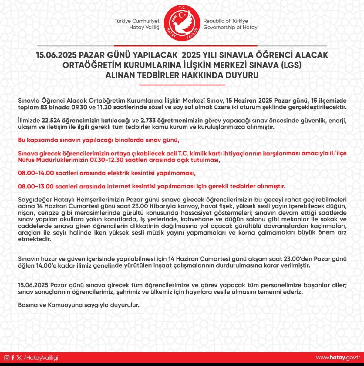 Hatay Valiliği'nden LGS Sınavı &Ouml;ncesi &Ouml;nemli Duyuru: G&uuml;venlik ve Tedbirler Artırıldı