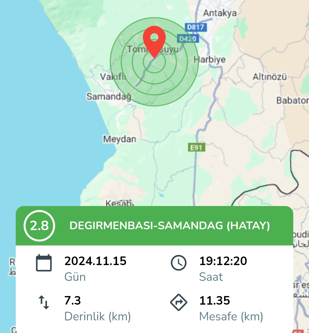 Samandağ'da Deprem: 2.8 Şiddetinde Sarsıntı Hissedildi