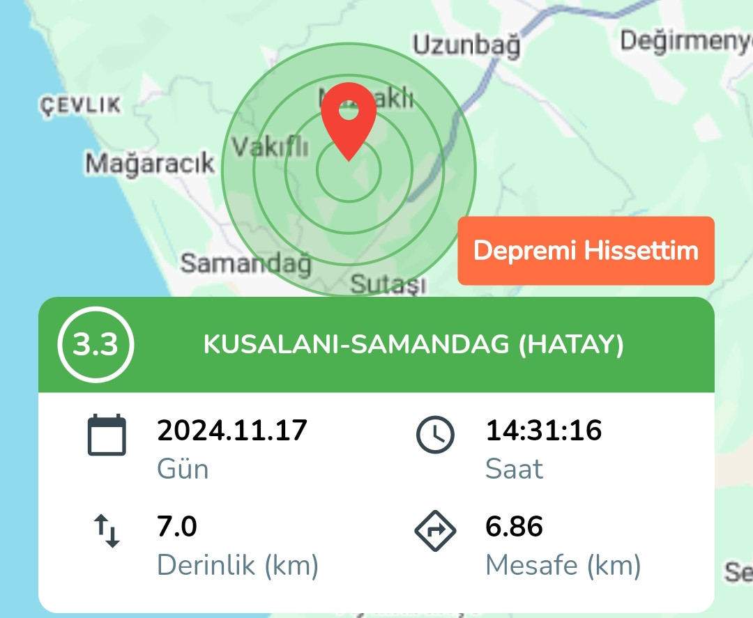 SAMANDAĞ'DA DEPREM MEYDANA GELDİ